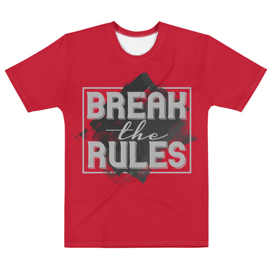 Break The Rules men's tee in red, with the wording set large inside a bordered panel.