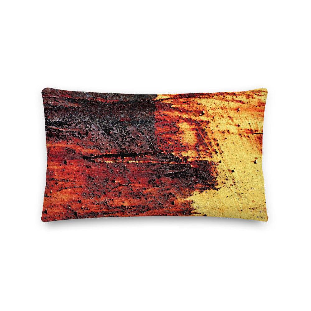 Clochard Grunge throw pillow in dark red, black and gold weathering, linen-feel cover.