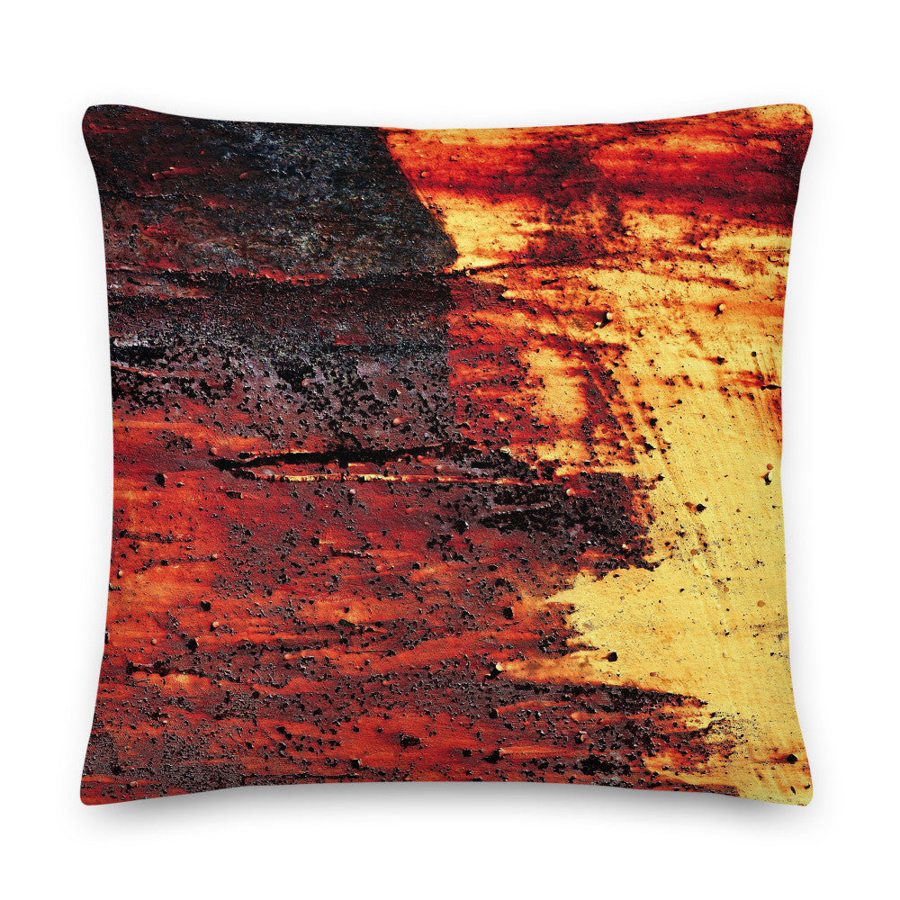 Clochard Grunge throw pillow in dark red, black and gold weathering, linen-feel cover.