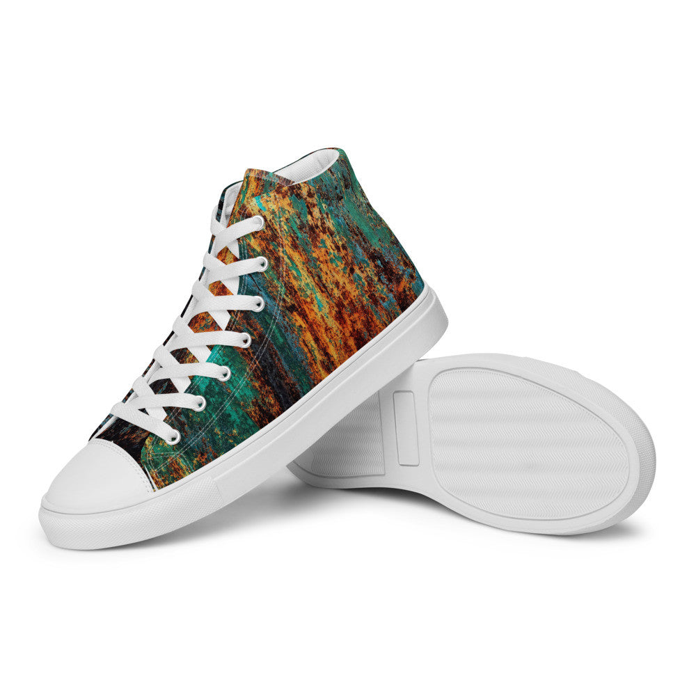 Men's Clochard Grunge high top canvas sneaker in green, teal and rust weathered print.