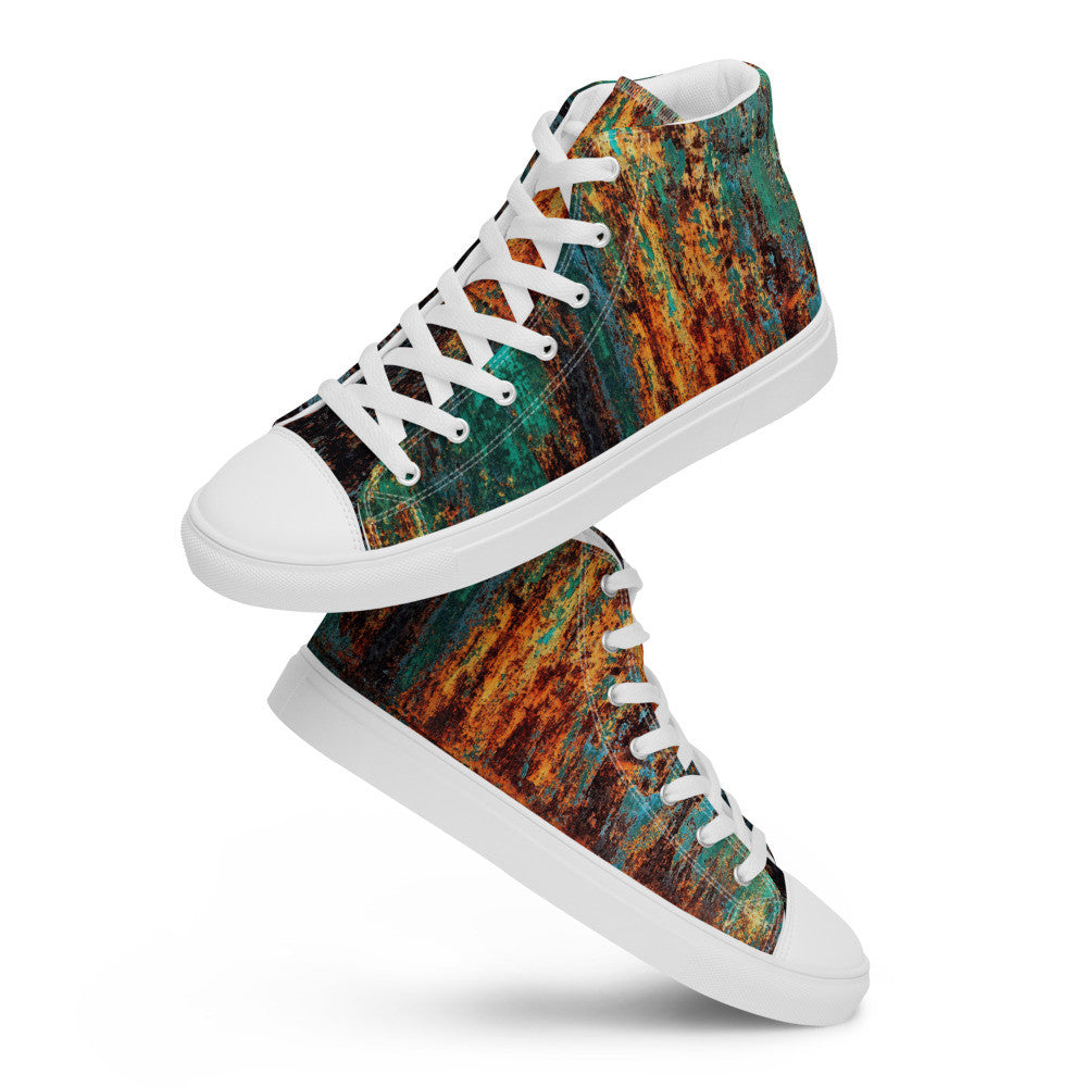 Men's Clochard Grunge high top canvas sneaker in green, teal and rust weathered print.