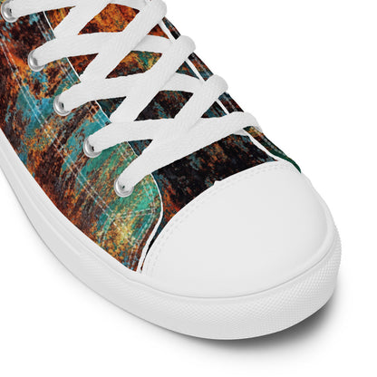 Men's Clochard Grunge high top canvas sneaker in green, teal and rust weathered print.