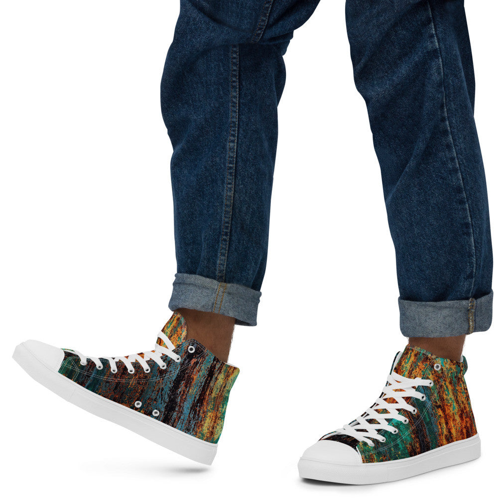 Men's Clochard Grunge high top canvas sneaker in green, teal and rust weathered print.