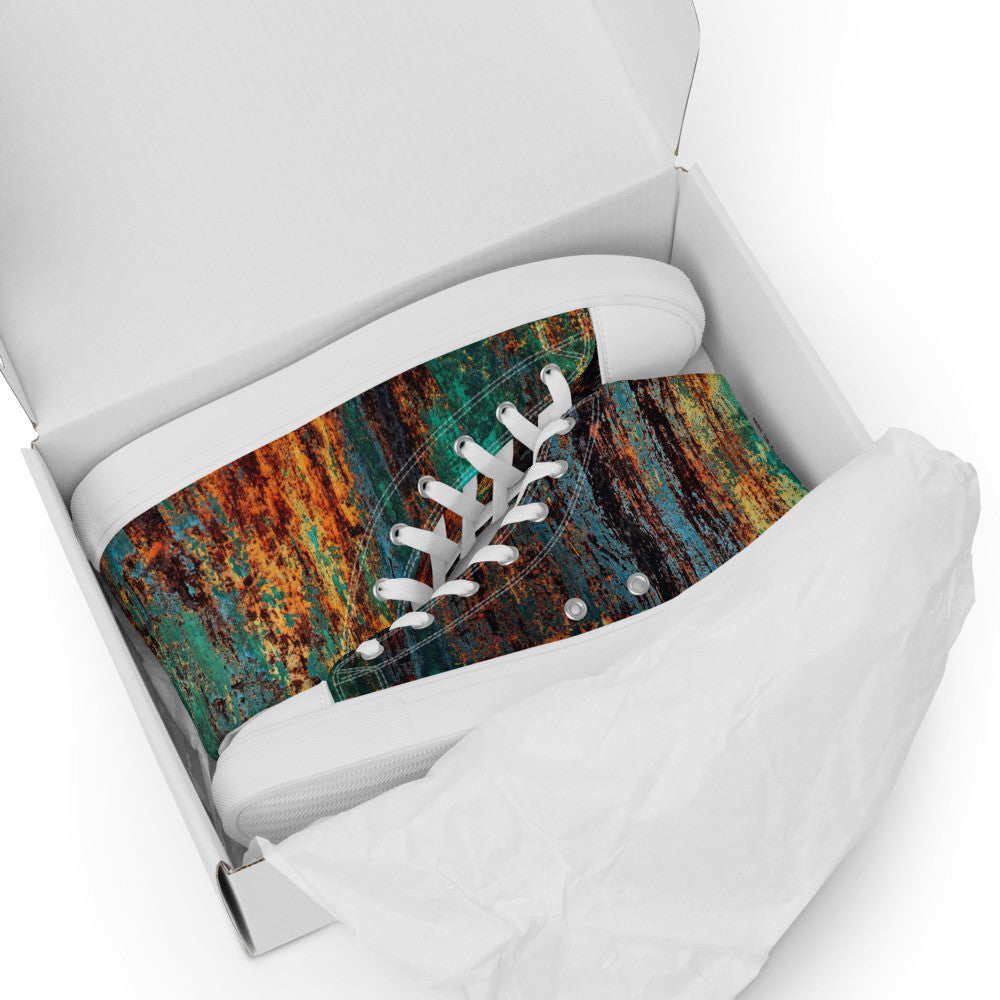 Men's Clochard Grunge high top canvas sneaker in green, teal and rust weathered print.