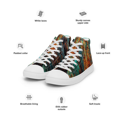 Men's Clochard Grunge high top canvas sneaker in green, teal and rust weathered print.