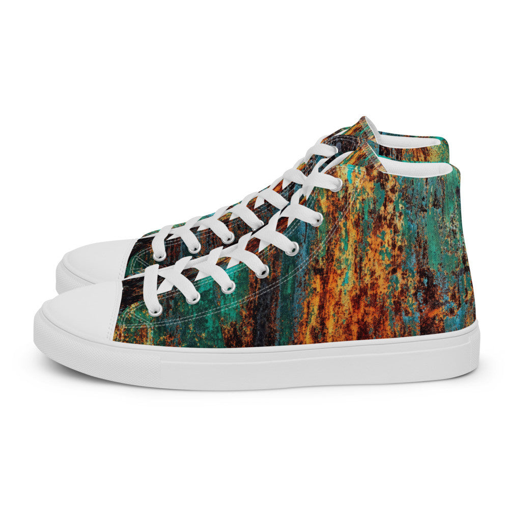Men's Clochard Grunge high top canvas sneaker in green, teal and rust weathered print.