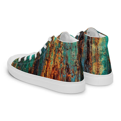 Men's Clochard Grunge high top canvas sneaker in green, teal and rust weathered print.