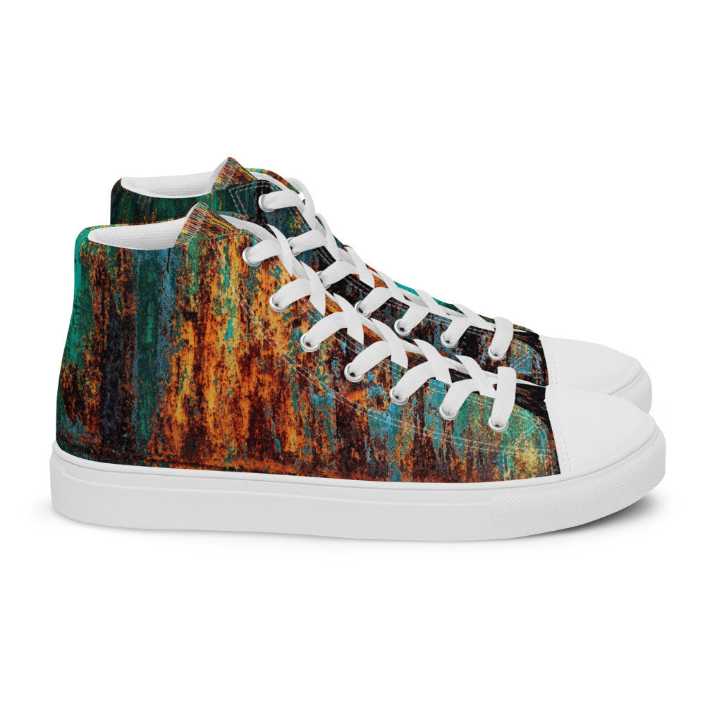 Men's Clochard Grunge high top canvas sneaker in green, teal and rust weathered print.