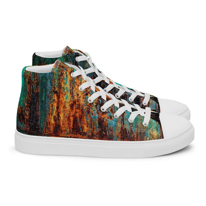 Men's Clochard Grunge high top canvas sneaker in green, teal and rust weathered print.