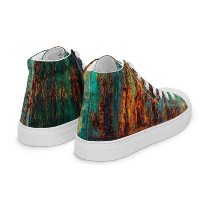 Men's Clochard Grunge high top canvas sneaker in green, teal and rust weathered print.