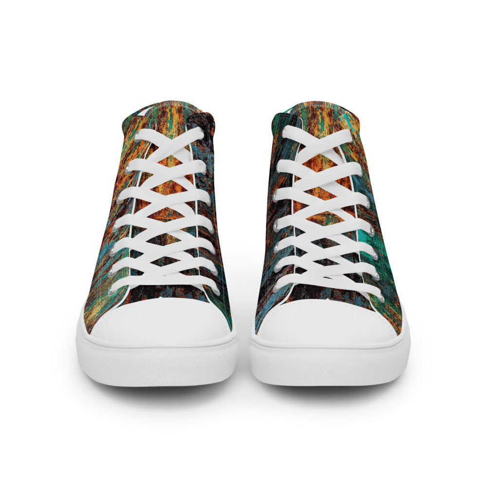 Men's Clochard Grunge high top canvas sneaker in green, teal and rust weathered print.