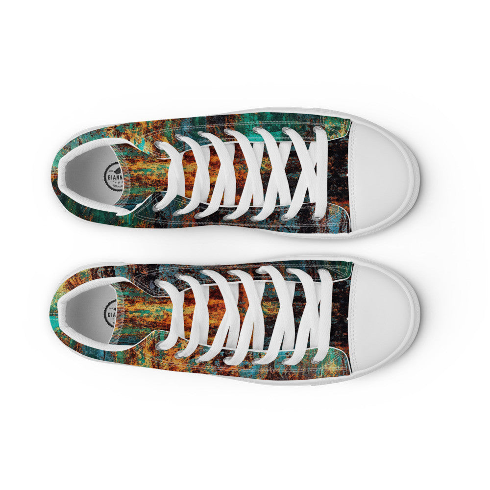 Men's Clochard Grunge high top canvas sneaker in green, teal and rust weathered print.