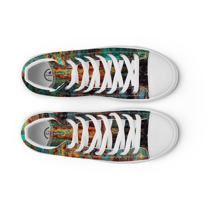 Men's Clochard Grunge high top canvas sneaker in green, teal and rust weathered print.