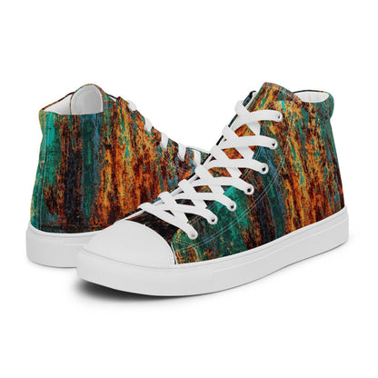 Men's Clochard Grunge high top canvas sneaker in green, teal and rust weathered print.