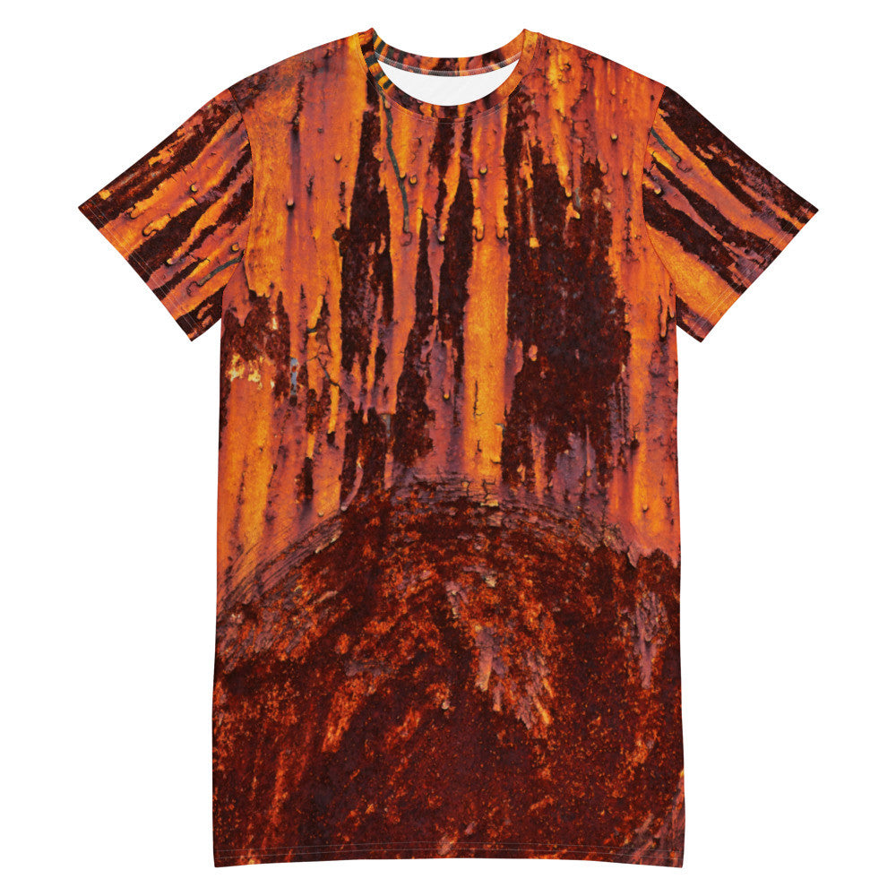 Clochard Grunge T-shirt dress in rust and brown weathered texture, printed over the whole dress.