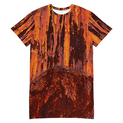 Clochard Grunge T-shirt dress in rust and brown weathered texture, printed over the whole dress.