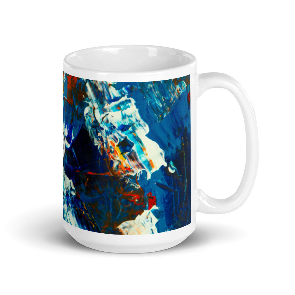 Glossy white ceramic mug with a blue and white painting wrapped around the outside.
