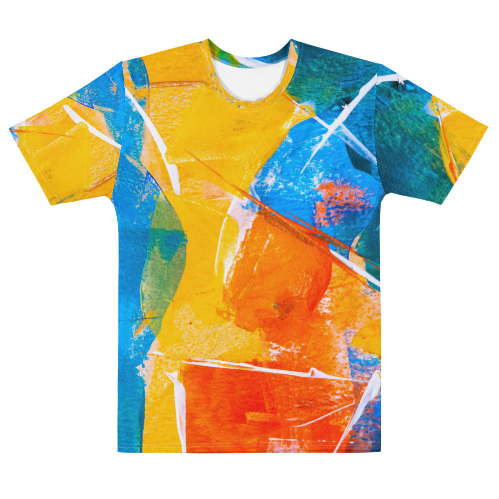Men's crew neck tee in blue and orange brushwork, printed over the whole garment.