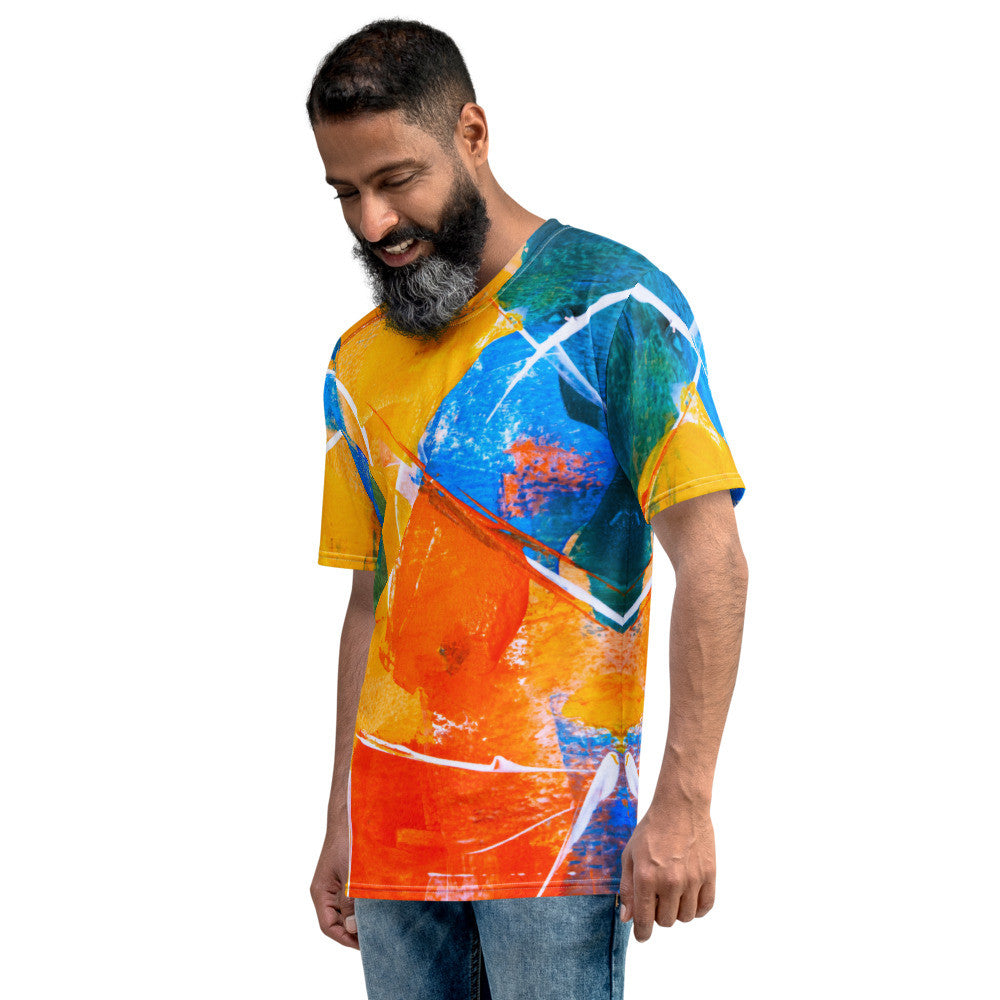 Men's crew neck tee in blue and orange brushwork, printed over the whole garment.
