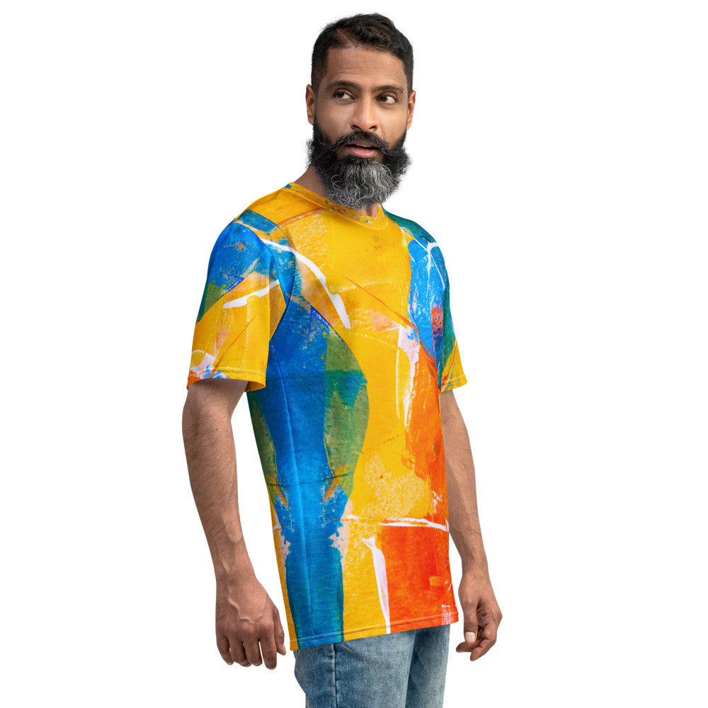 Men's crew neck tee in blue and orange brushwork, printed over the whole garment.