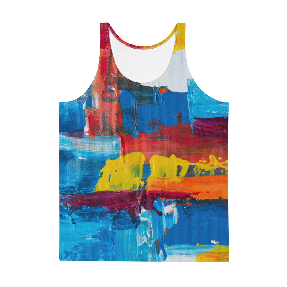 Unisex tank top in a blue and red abstract print, cut and sewn after printing.