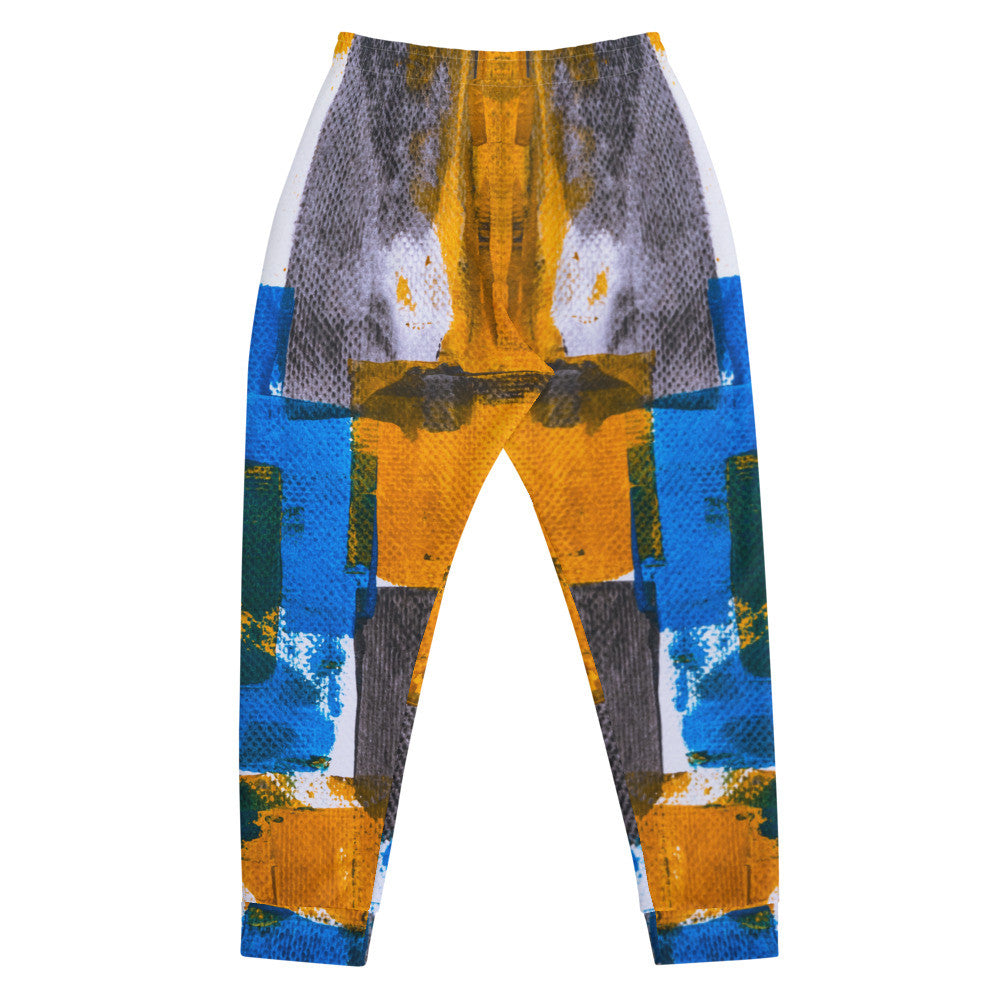 Men's joggers printed in blue, yellow and white blocks, with cuffed ankles.