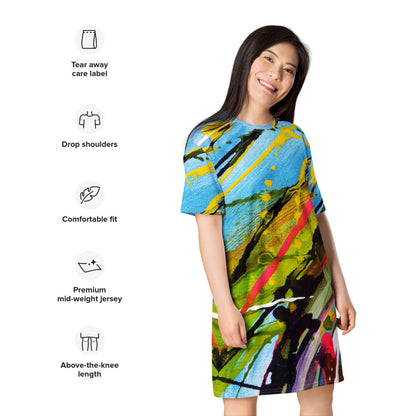 Oversize T-shirt dress in blue, yellow and green diagonals, with a dropped shoulder line.