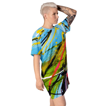 Oversize T-shirt dress in blue, yellow and green diagonals, with a dropped shoulder line.
