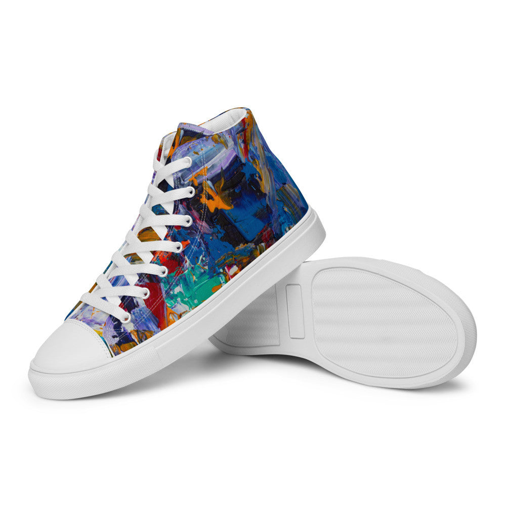 Women's high top canvas sneaker in blue, orange and teal painting, faux leather toe cap.