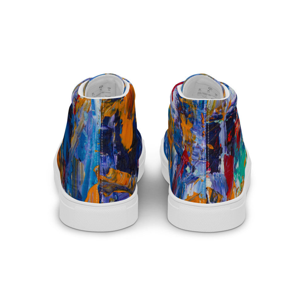 Women's high top canvas sneaker in blue, orange and teal painting, faux leather toe cap.