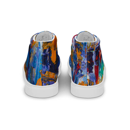 Women's high top canvas sneaker in blue, orange and teal painting, faux leather toe cap.