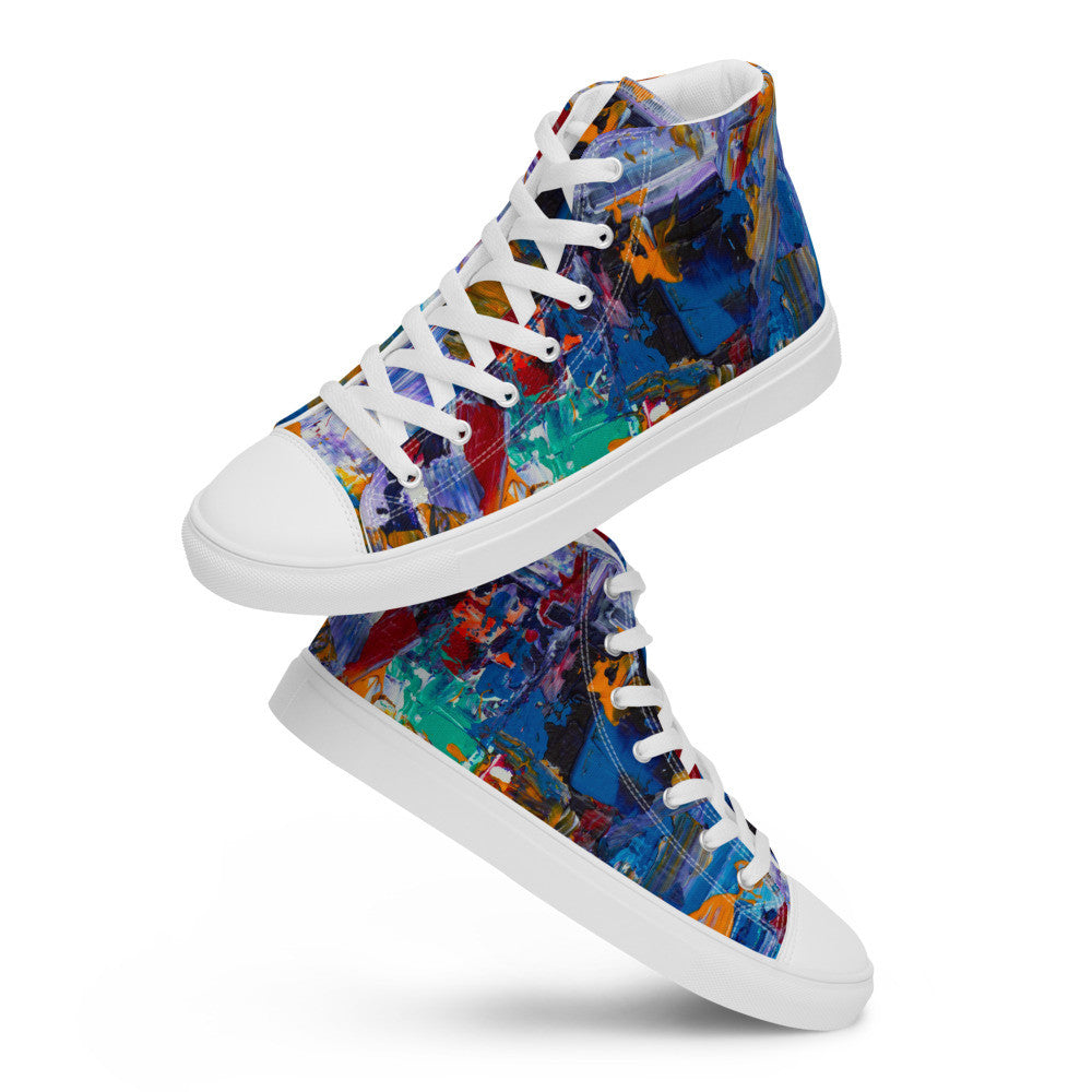 Women's high top canvas sneaker in blue, orange and teal painting, faux leather toe cap.