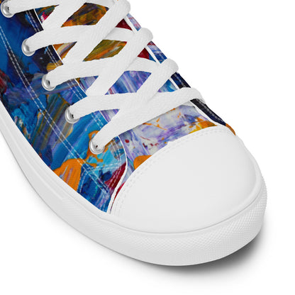Women's high top canvas sneaker in blue, orange and teal painting, faux leather toe cap.