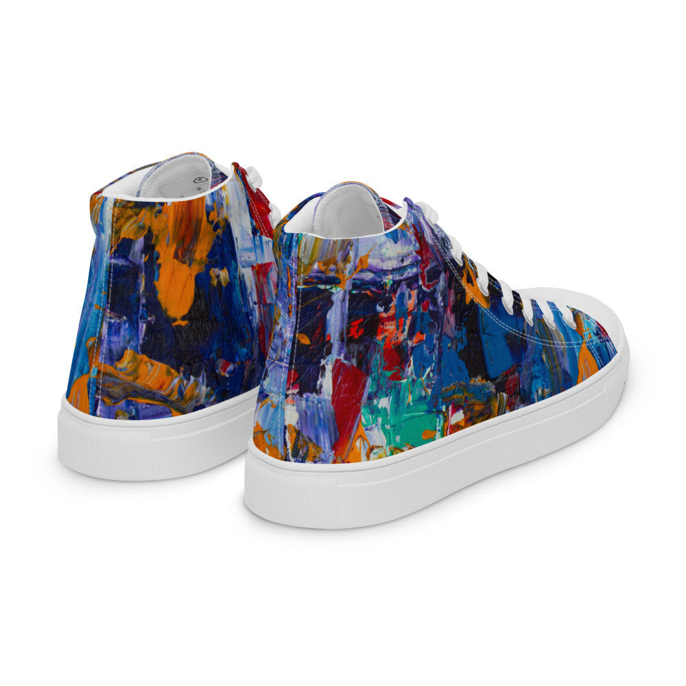 Women's high top canvas sneaker in blue, orange and teal painting, faux leather toe cap.