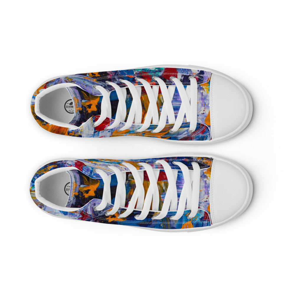 Women's high top canvas sneaker in blue, orange and teal painting, faux leather toe cap.