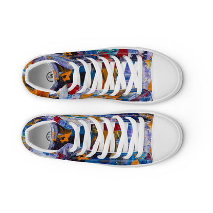 Women's high top canvas sneaker in blue, orange and teal painting, faux leather toe cap.