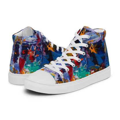 Women's high top canvas sneaker in blue, orange and teal painting, faux leather toe cap.