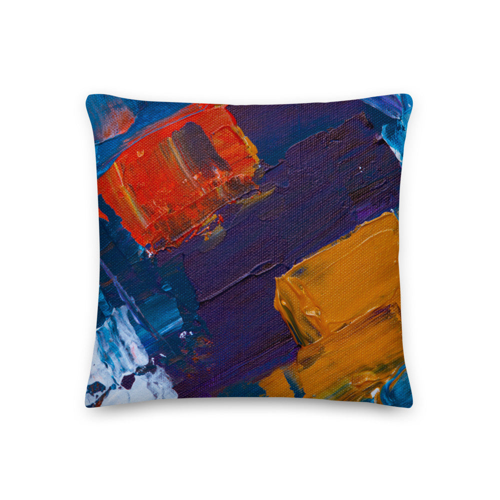 Throw pillow cover in blue, orange and purple blocks on linen-feel polyester.