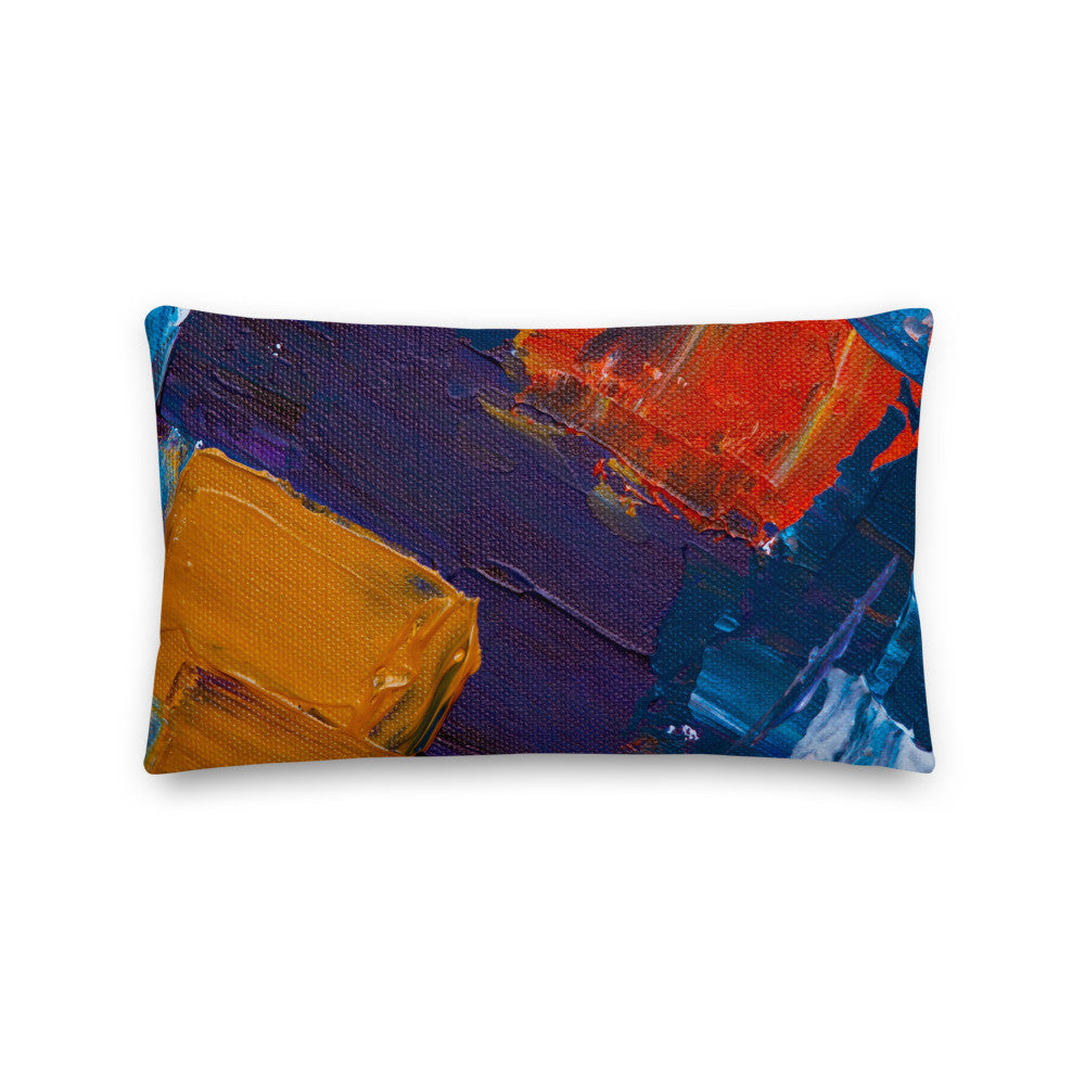 Throw pillow cover in blue, orange and purple blocks on linen-feel polyester.