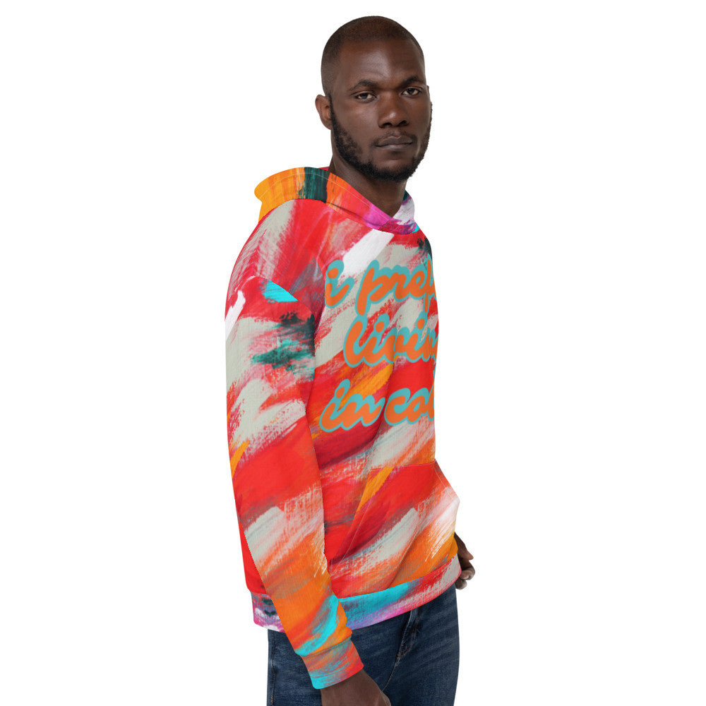 Unisex fleece hoodie in coral and teal brushwork, printed over the body and the hood.