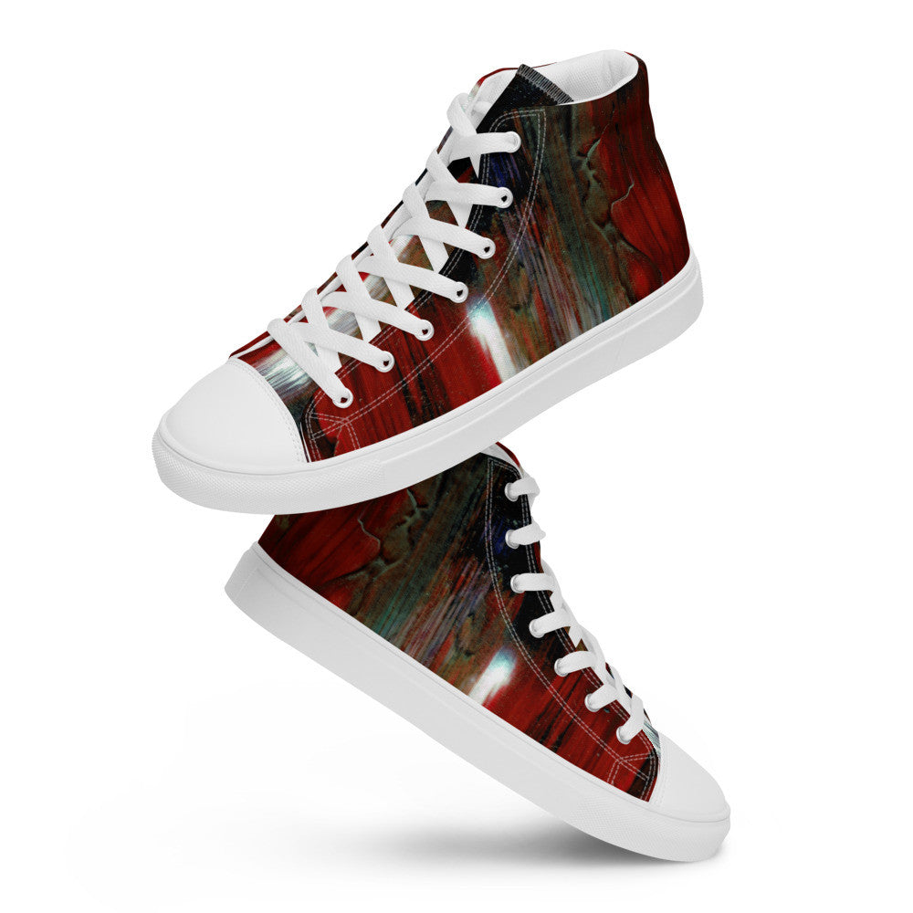 Men's high top canvas sneaker in a deep red woodgrain print, laced to the ankle.