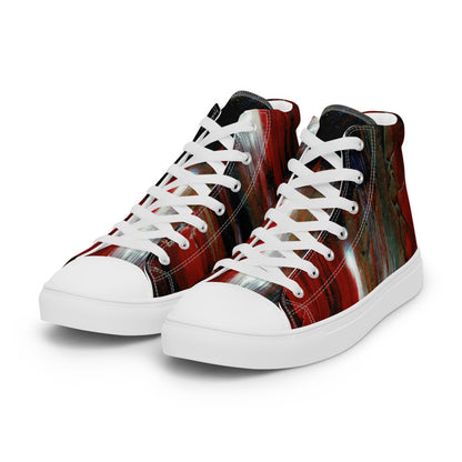 Men's high top canvas sneaker in a deep red woodgrain print, laced to the ankle.