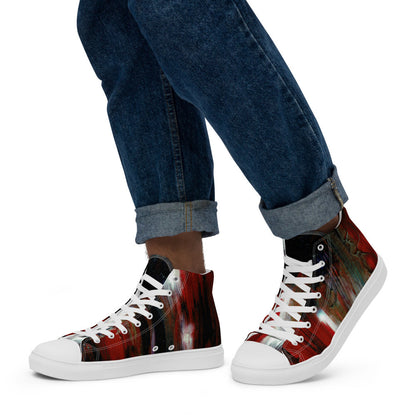 Men's high top canvas sneaker in a deep red woodgrain print, laced to the ankle.
