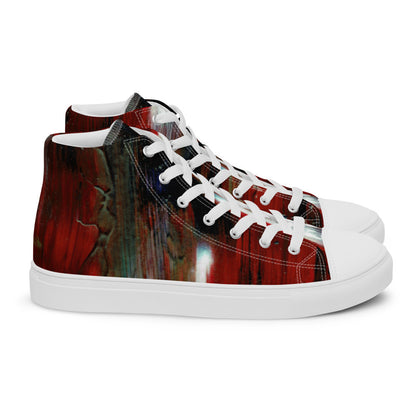 Men's high top canvas sneaker in a deep red woodgrain print, laced to the ankle.