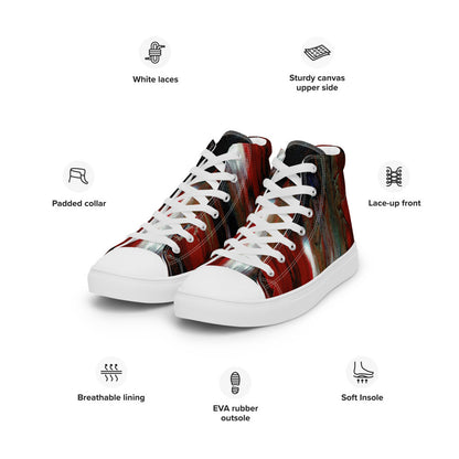 Men's high top canvas sneaker in a deep red woodgrain print, laced to the ankle.