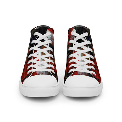 Men's high top canvas sneaker in a deep red woodgrain print, laced to the ankle.