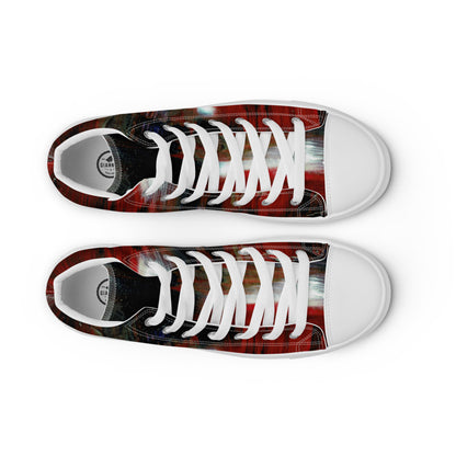 Men's high top canvas sneaker in a deep red woodgrain print, laced to the ankle.