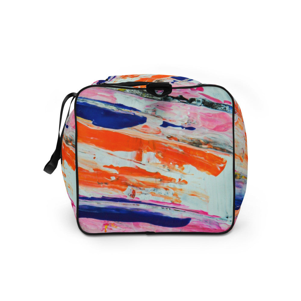 Duffle bag in purple, orange and blue painting, with a mesh side pocket for a bottle.