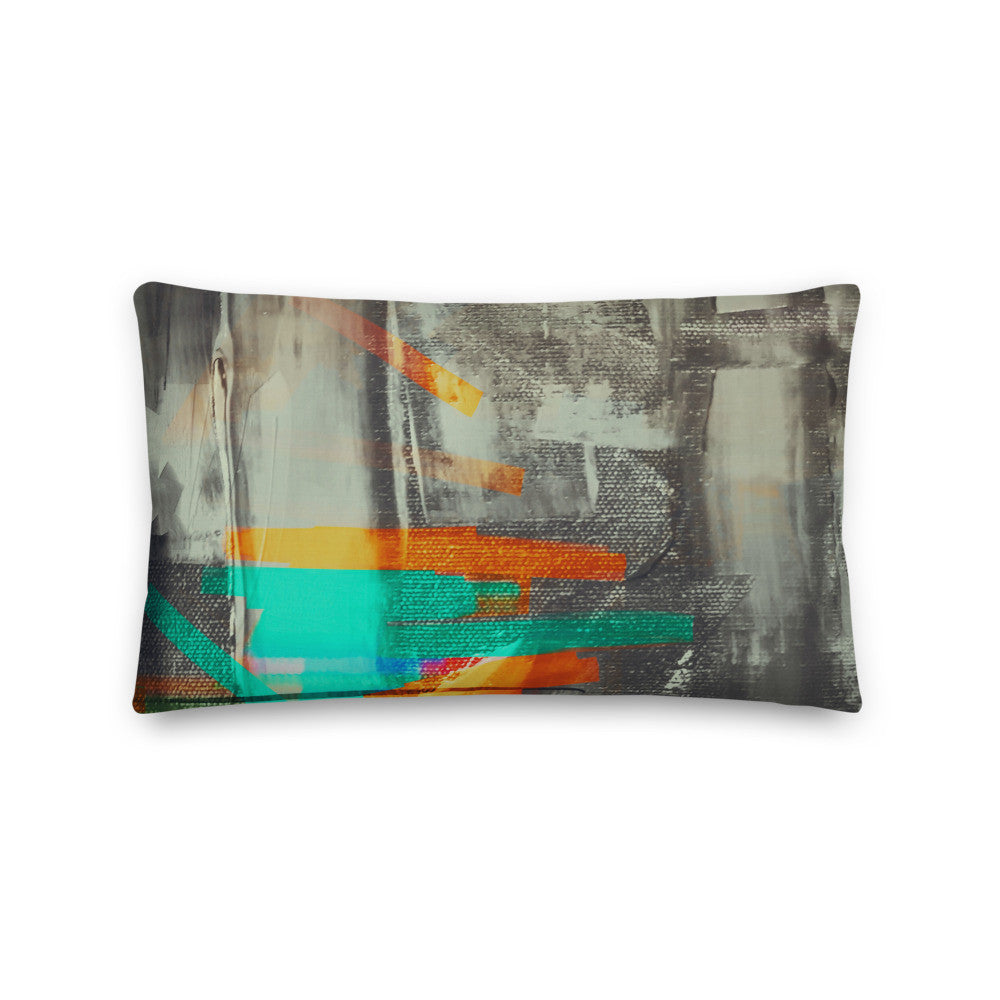 Pillow cover in a gray, teal and orange sweep across linen-feel polyester.