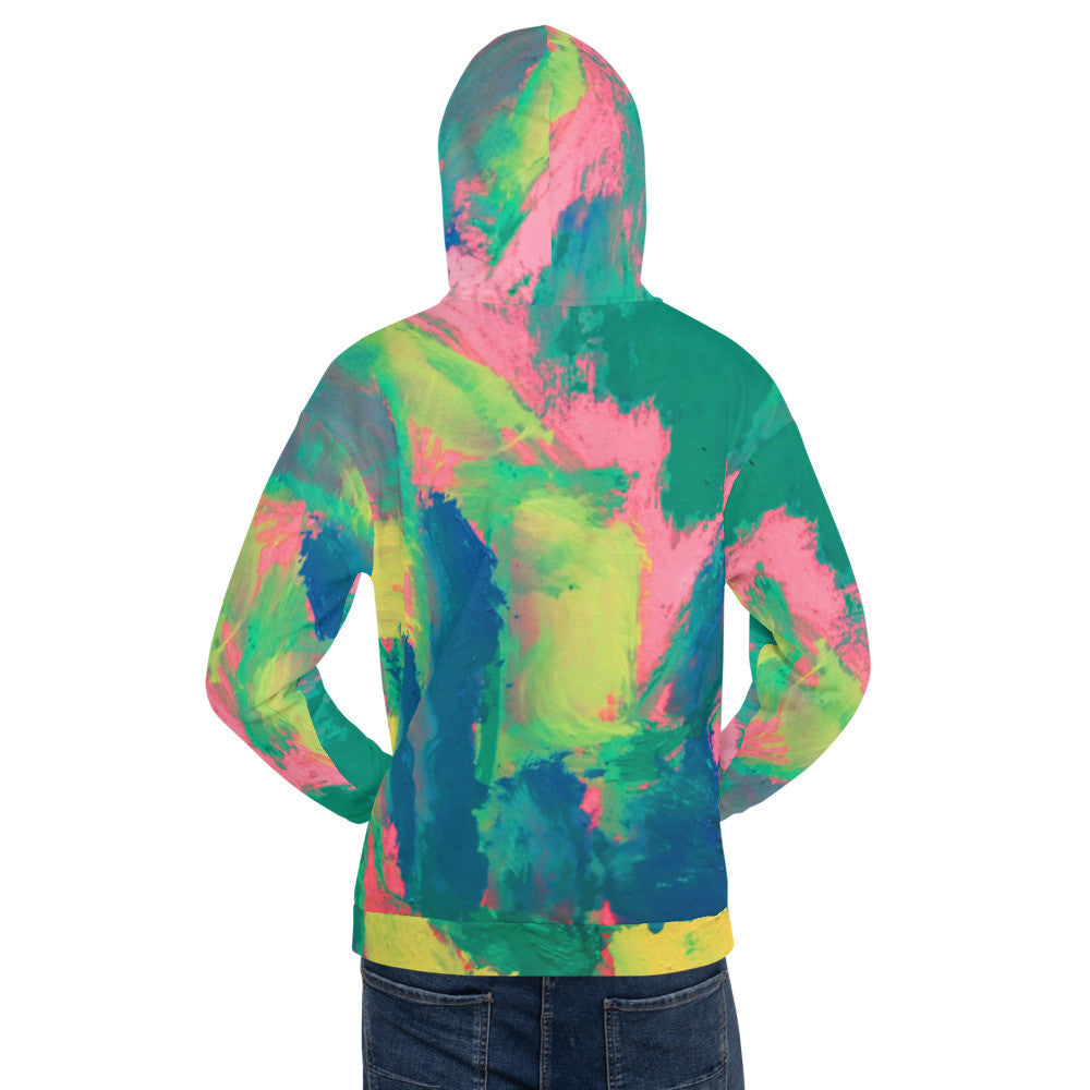 Unisex fleece hoodie in a soft green and pink wash, printed over the whole garment.